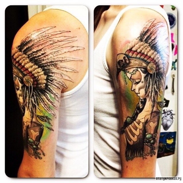 Фотография татуировки под названием «Девушка-скелет-индеец»