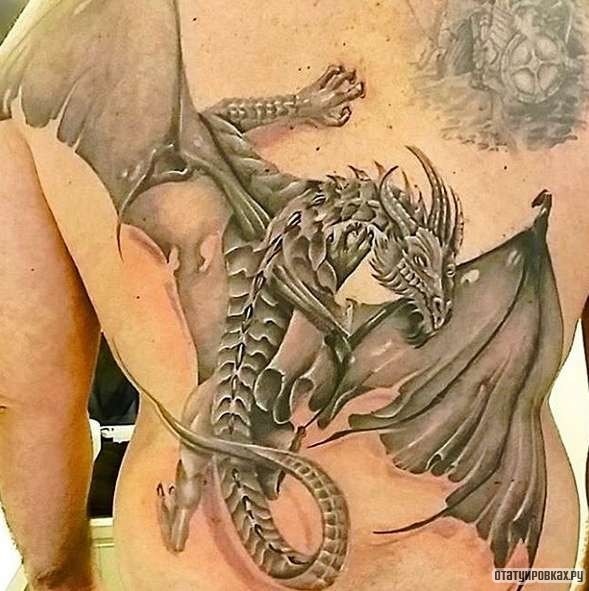 Фотография татуировки под названием «Дракон с крыльями лезет вверх»