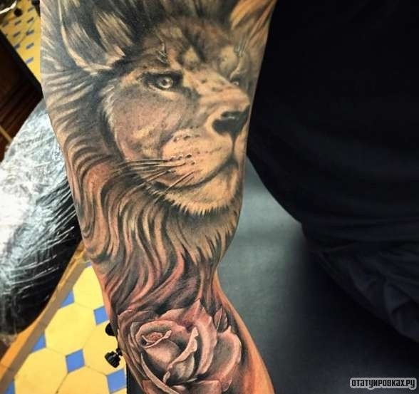 Фотография татуировки под названием «Лев с розой»