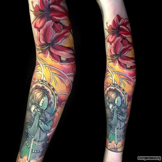 Фотография татуировки под названием «Девушка с лилиями»