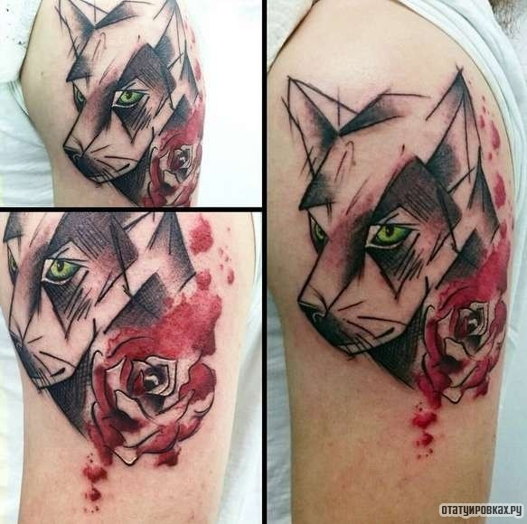Фотография татуировки под названием «Волк и роза»