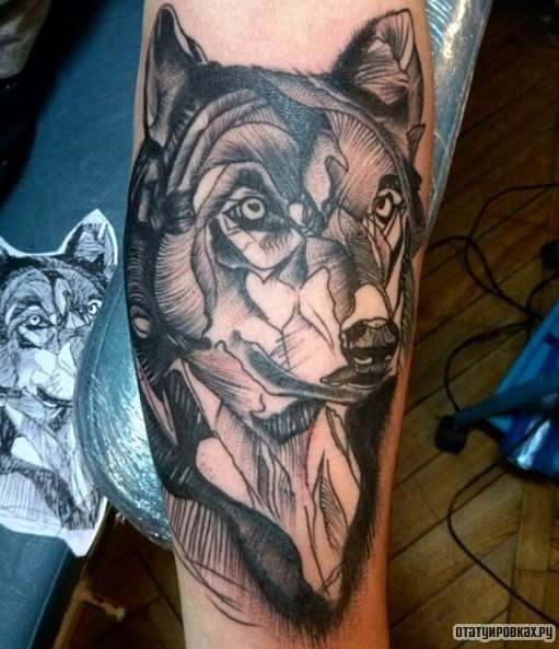 Фотография татуировки под названием «Волк из линий»