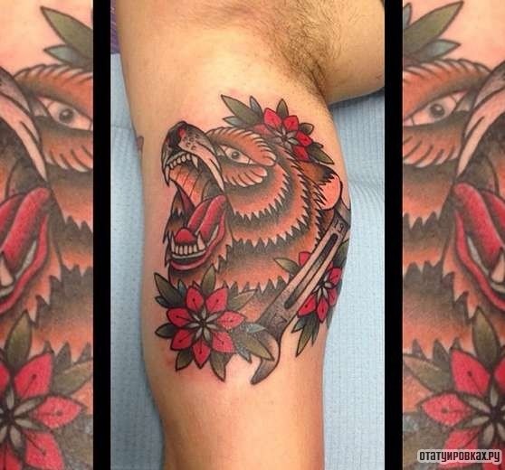 Фотография татуировки под названием «Оскал медведя с гаечным ключом»