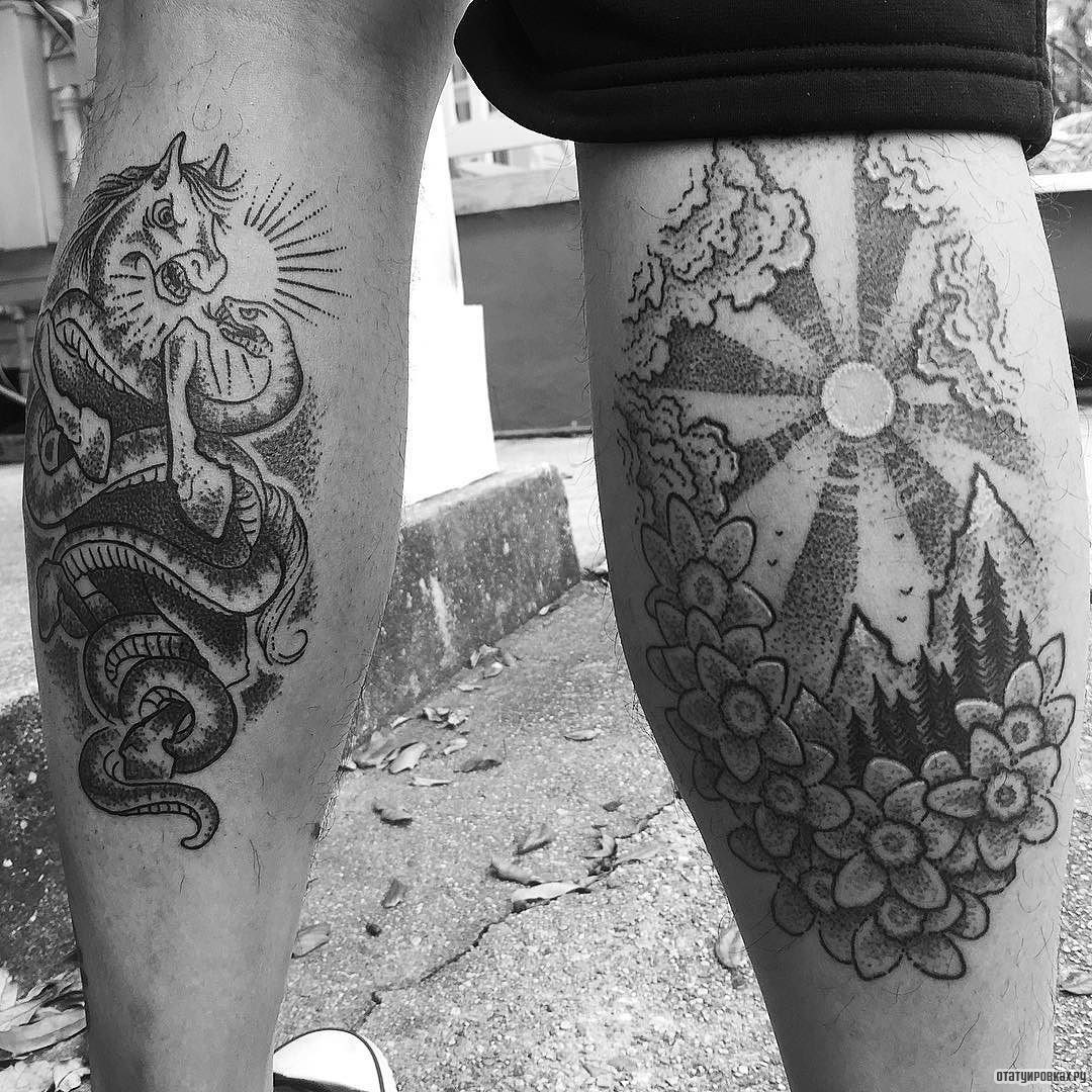 Фотография татуировки под названием «Лошадь и змея, цветы, солнце, горы»