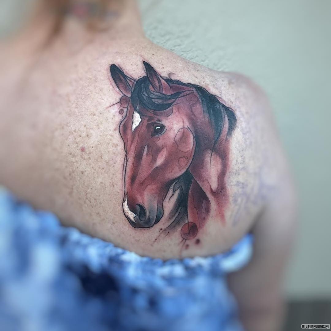Фотография татуировки под названием «голова коричневой лошади»