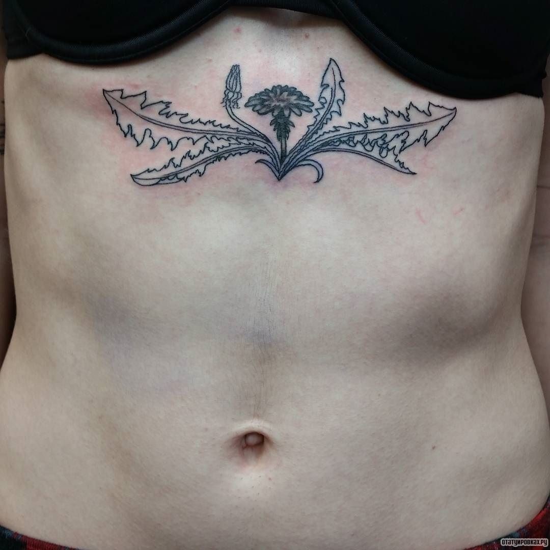 Фотография татуировки под названием «Одуванчик с листьями»