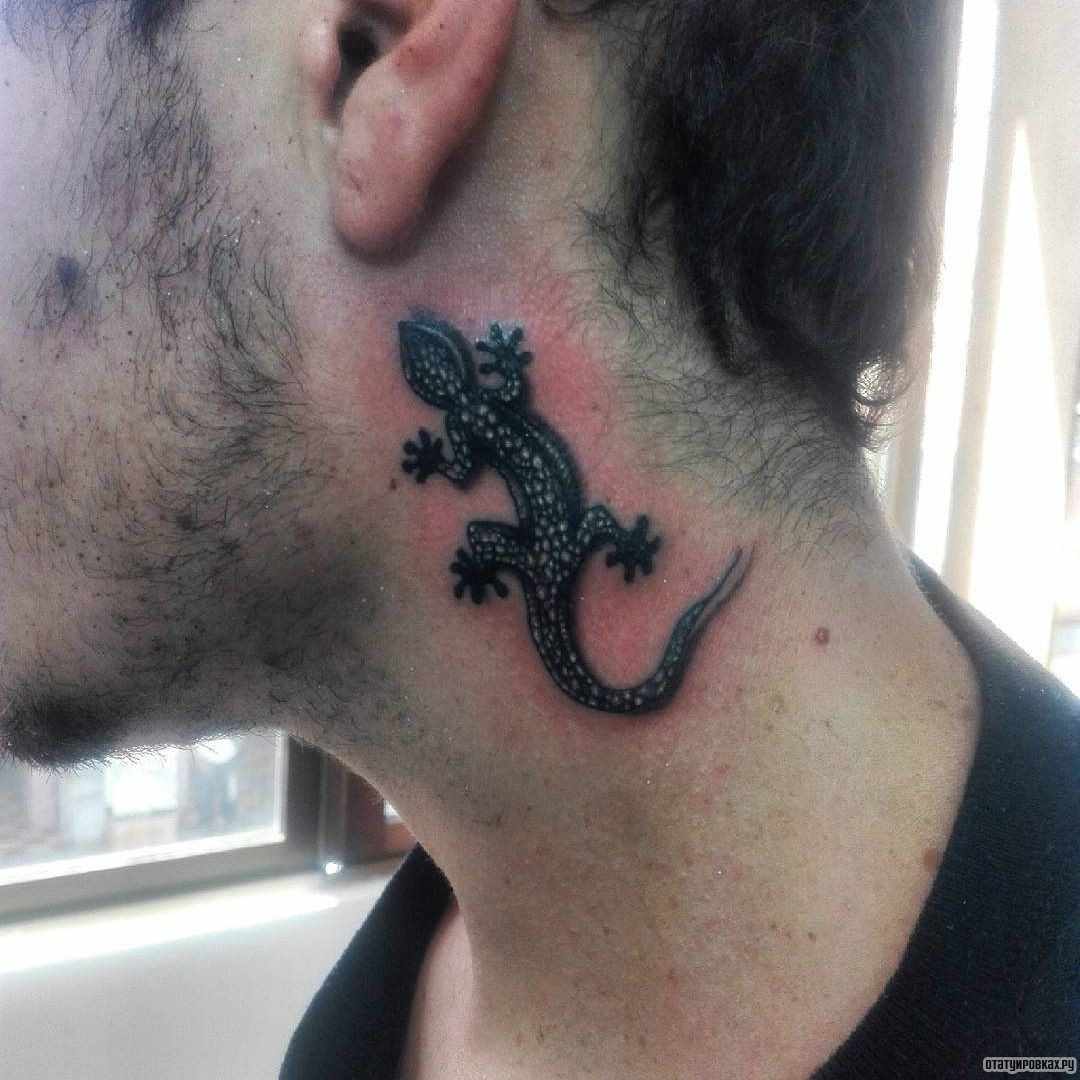 Фотография татуировки под названием «Ящерица за ухом»