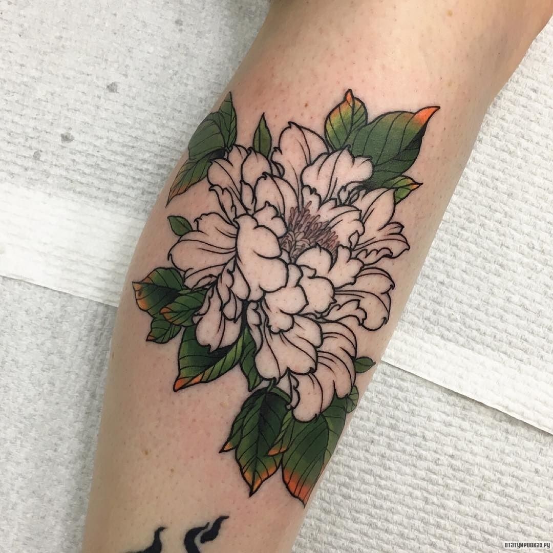 Фотография татуировки под названием «Пион с зелеными листьями»