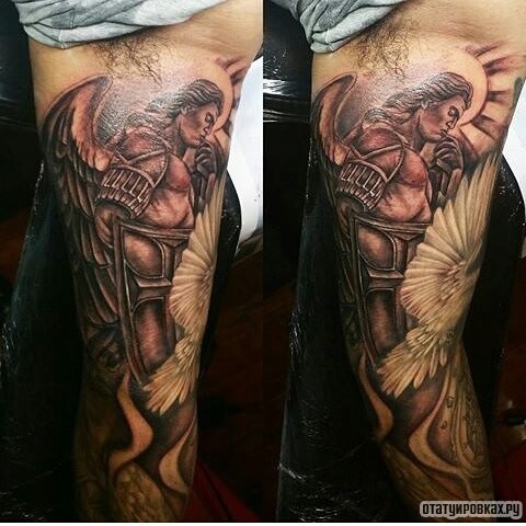 Фотография татуировки под названием «Архангел и белый голубь»