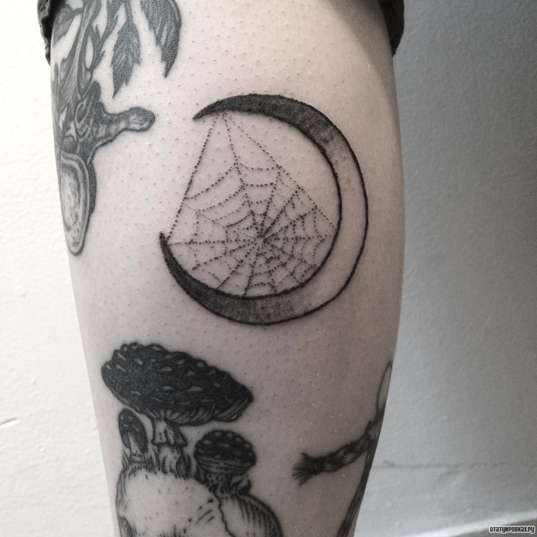 Фотография татуировки под названием «Луна с паутиной»