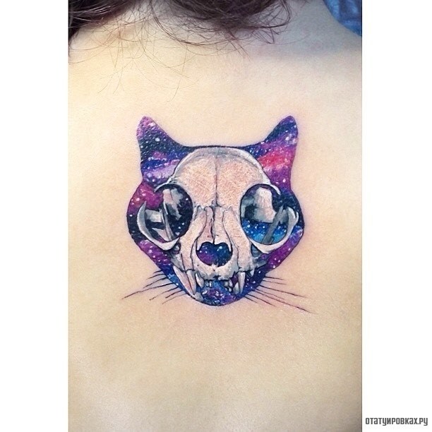 Фотография татуировки под названием «Кот с черепом животного»