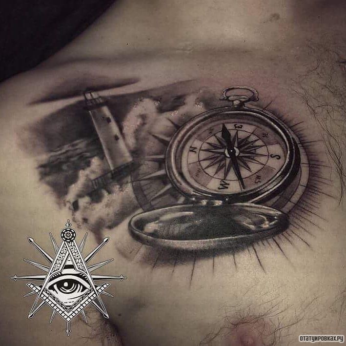 Фотография татуировки под названием «Компас с маяком»