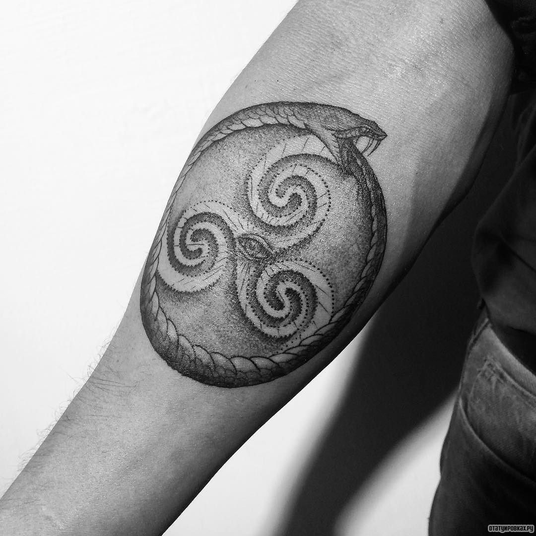 Фотография татуировки под названием «Уроборос и узор внутри»