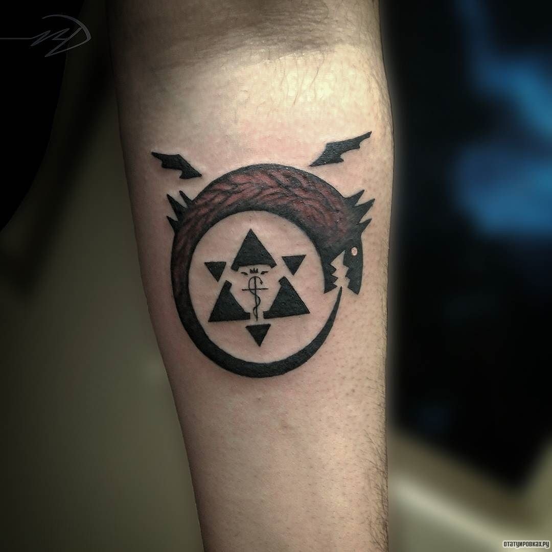 Фотография татуировки под названием «Уроборос со звездой в темном цвете»