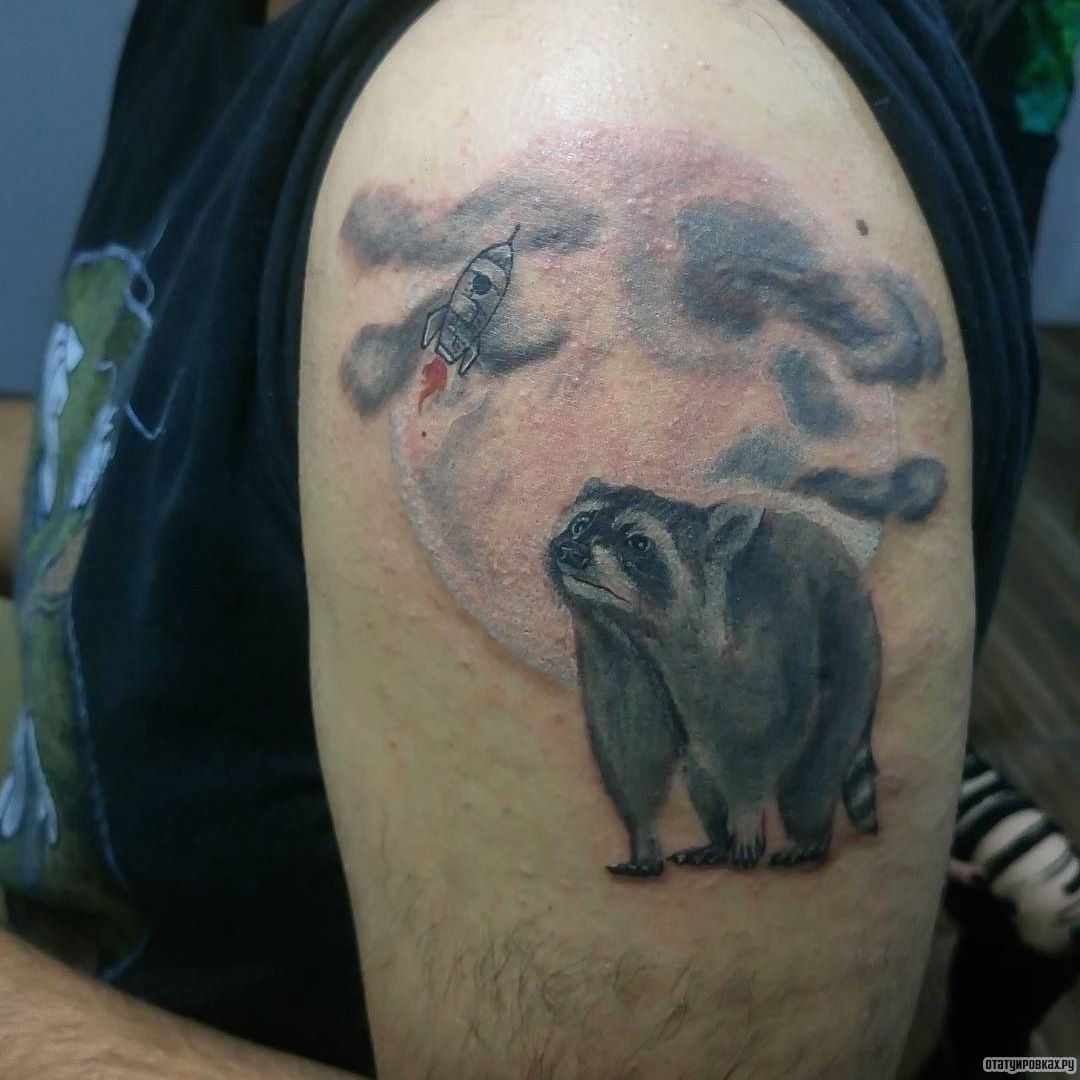 Фотография татуировки под названием «Енот с ракетой»
