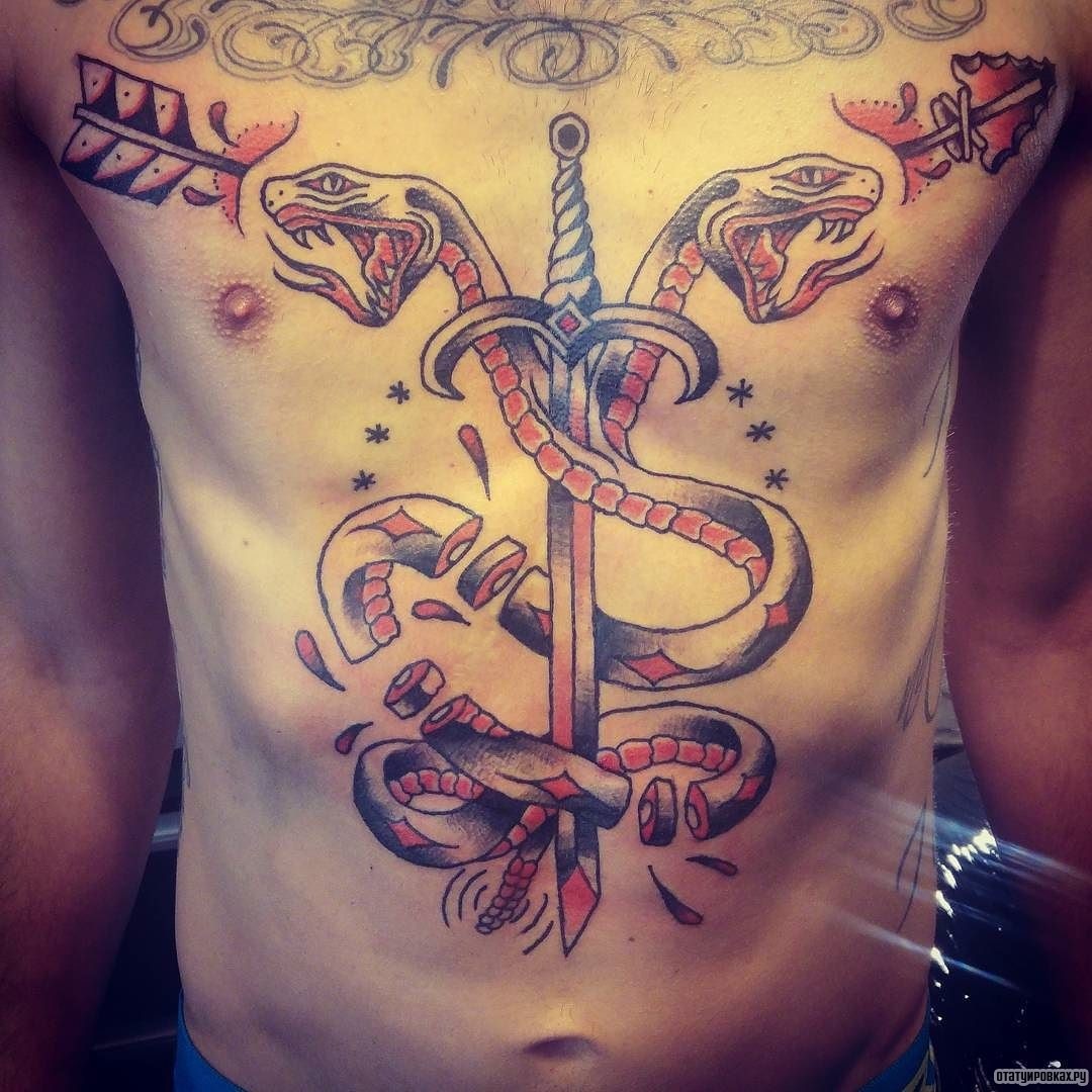 Фотография татуировки под названием «Меч и две обвивающие его змеи»
