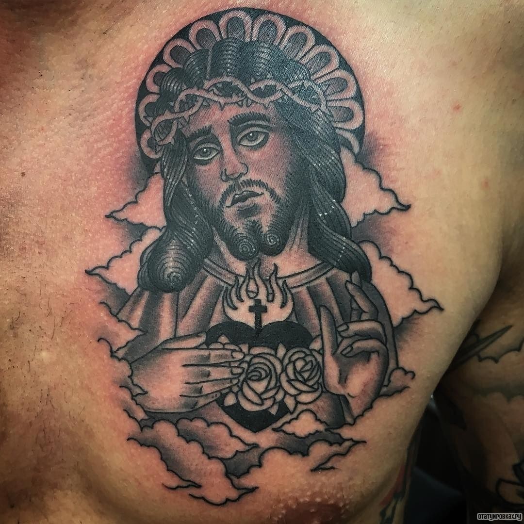 Фотография татуировки под названием «Иисус с сердцем и розами»
