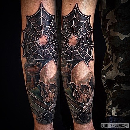 Фотография татуировки под названием «Черная паутина с черепом»