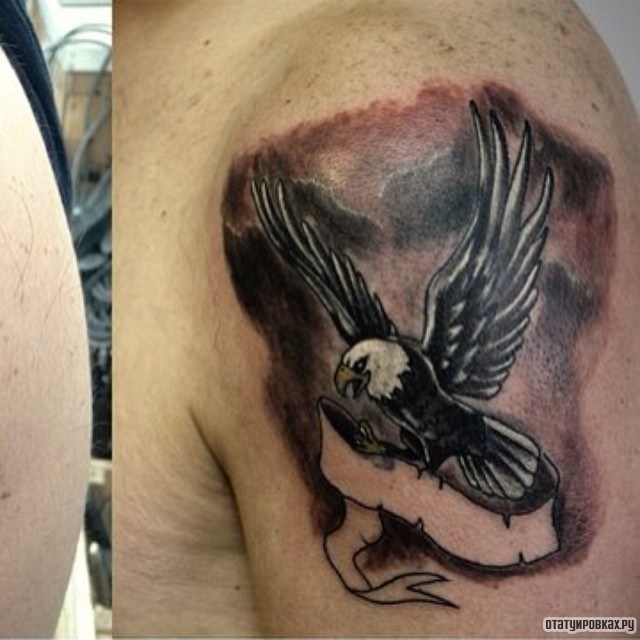 Фотография татуировки под названием «Орел в полете с ленточкой»