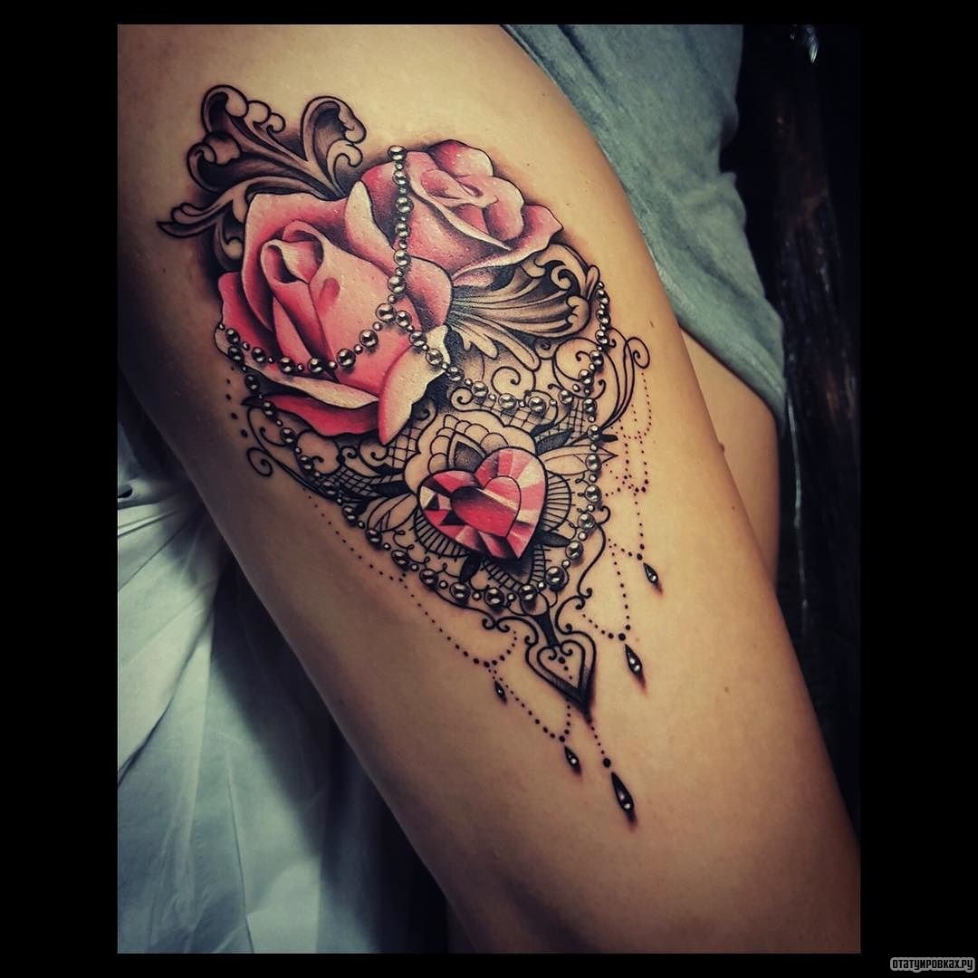 Фотография татуировки под названием «Узор кружево с розами и сердцем»