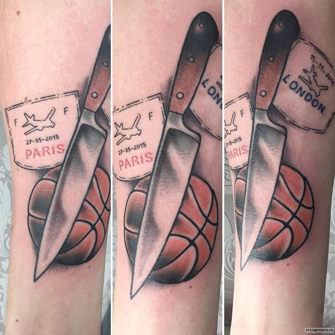 Фотография татуировки под названием «Нож и мяч»