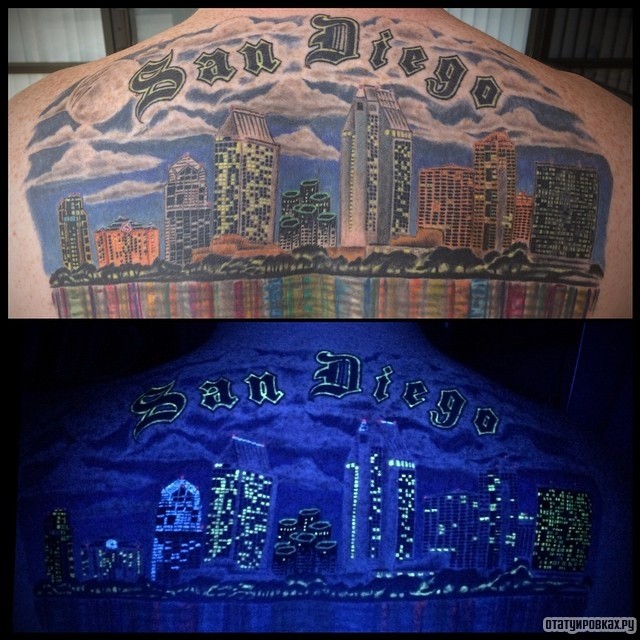 Фотография татуировки под названием «Светящийся город San Diego»