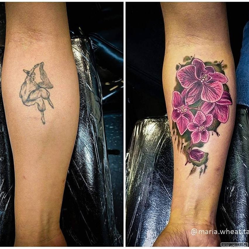 Фотография татуировки под названием «Розовые цветы орхидеи на зеленом фоне»
