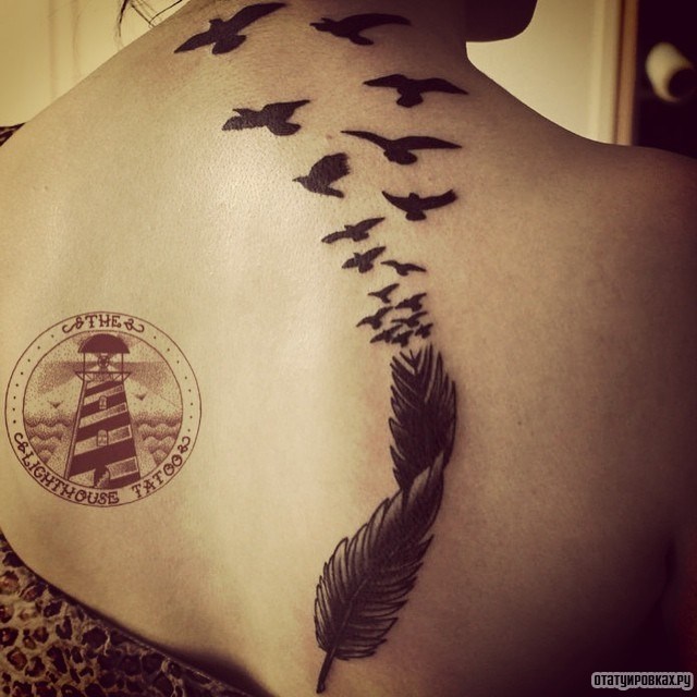 Фотография татуировки под названием «Птицы улетают из пера»