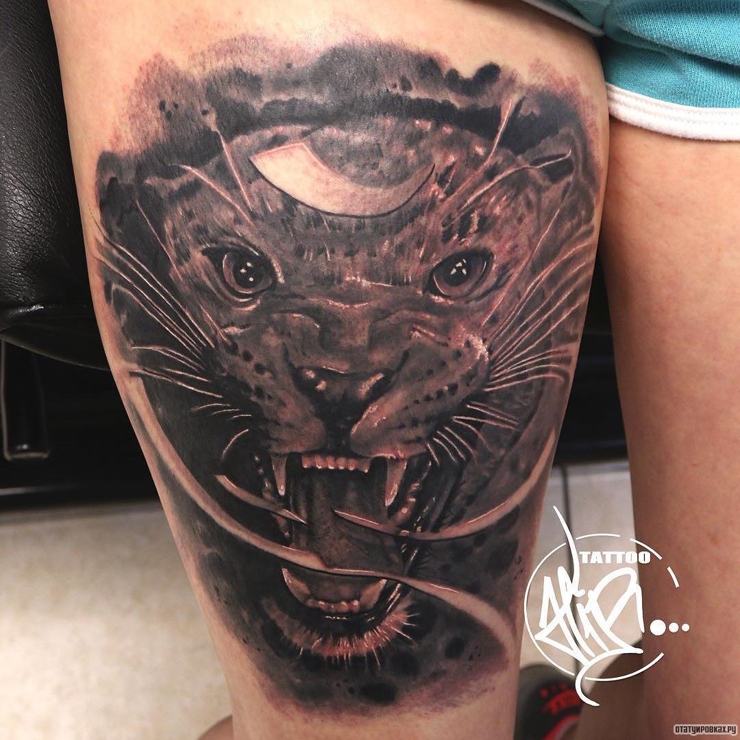 Фотография татуировки под названием «Суровый оскал леопарда»