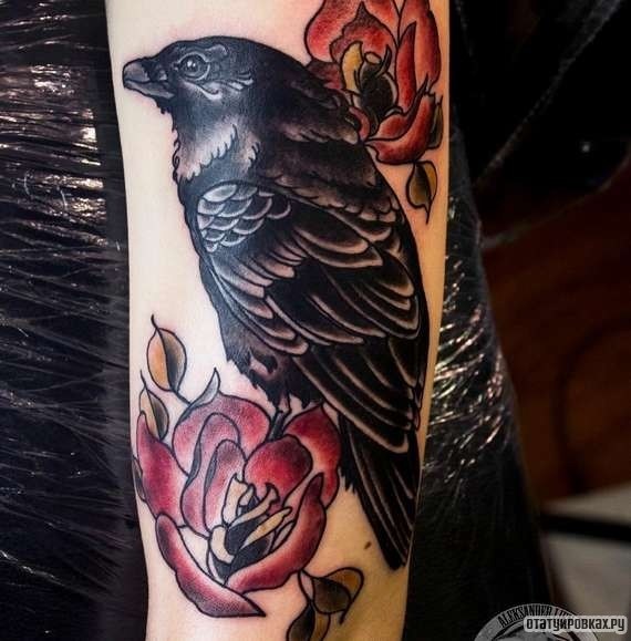 Фотография татуировки под названием «Ворон с розой»