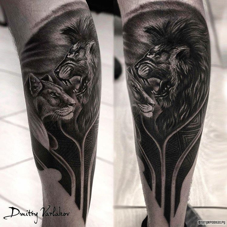 Фотография татуировки под названием «Лев с львицей»