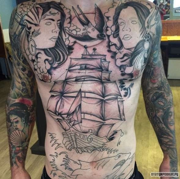 Фотография татуировки под названием «Корабль на волнах»