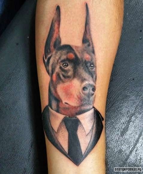 Фотография татуировки под названием «Собака в костюме и галстуке»