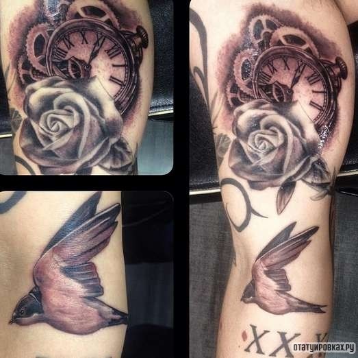 Фотография татуировки под названием «Часы, роза и ласточка»