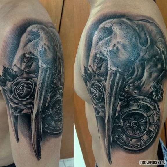 Фотография татуировки под названием «Часы, роза и когти»