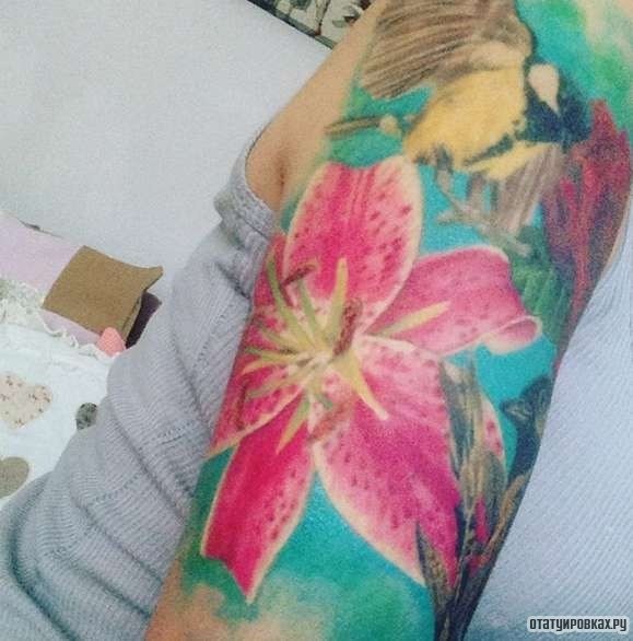 Фотография татуировки под названием «Лилия на голубом фоне»