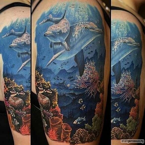 Фотография татуировки под названием «Два дельфина в океане»