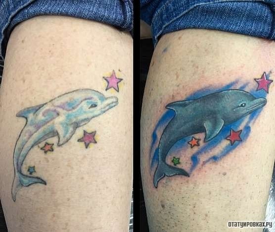 Фотография татуировки под названием «Дельфин и звезды»
