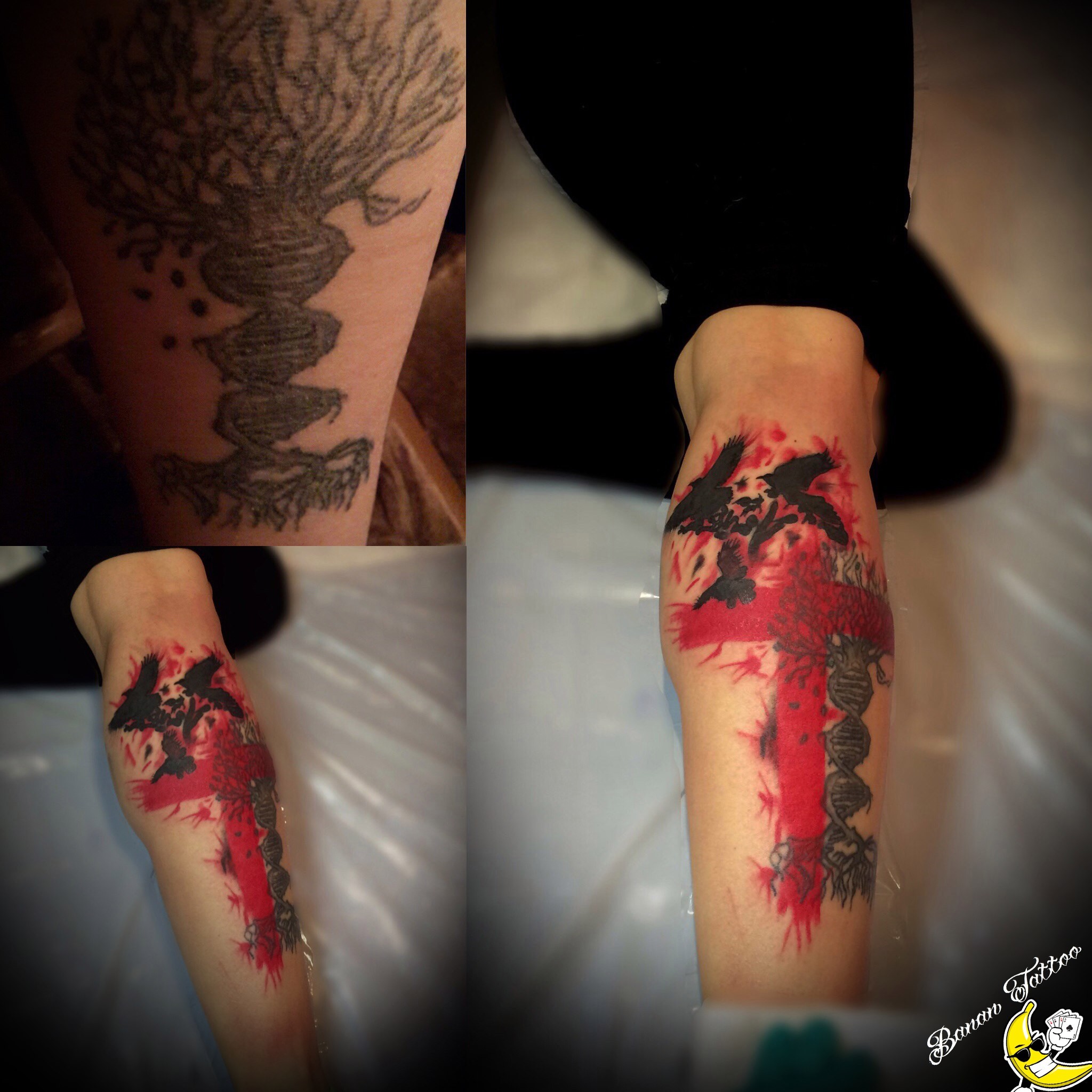 Фотография татуировки под названием «Крест и вороны»