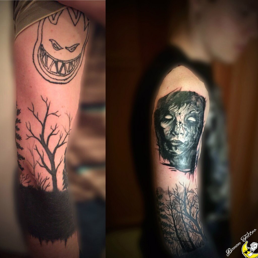 Фотография татуировки под названием «Дерево и жуткое лицо девушки»