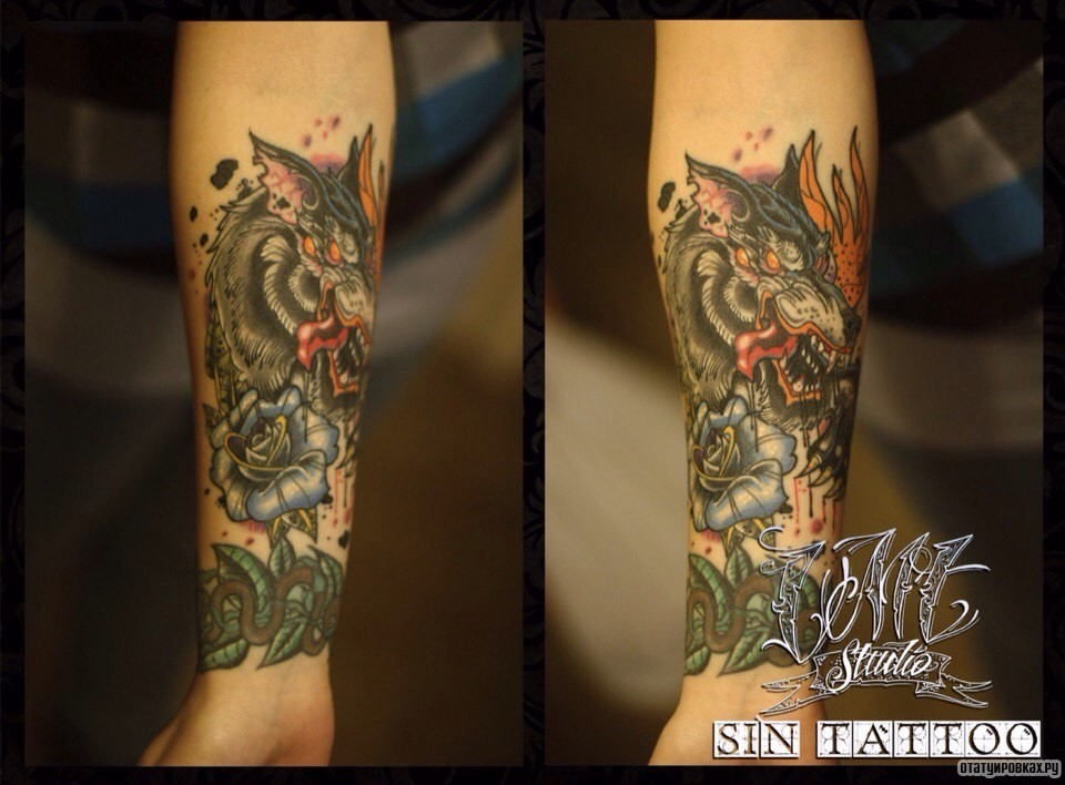 Фотография татуировки под названием «Дракон с розой»