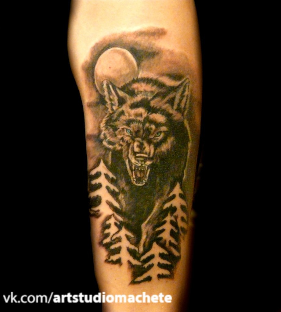 Фотография татуировки под названием «Волк, елки, луна»