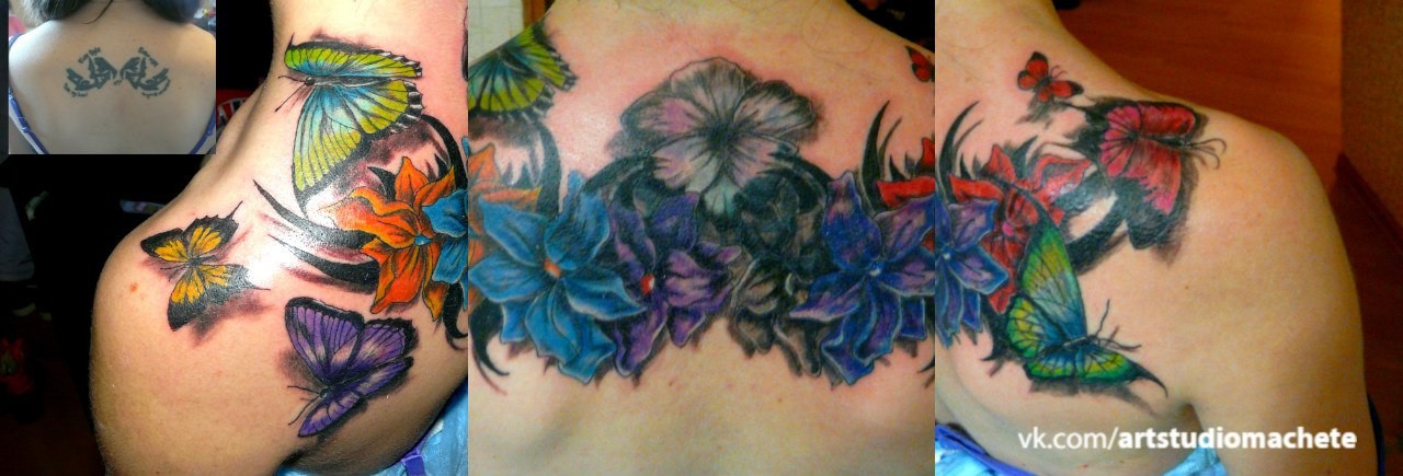 Фотография татуировки под названием «Цветы с бабочками»