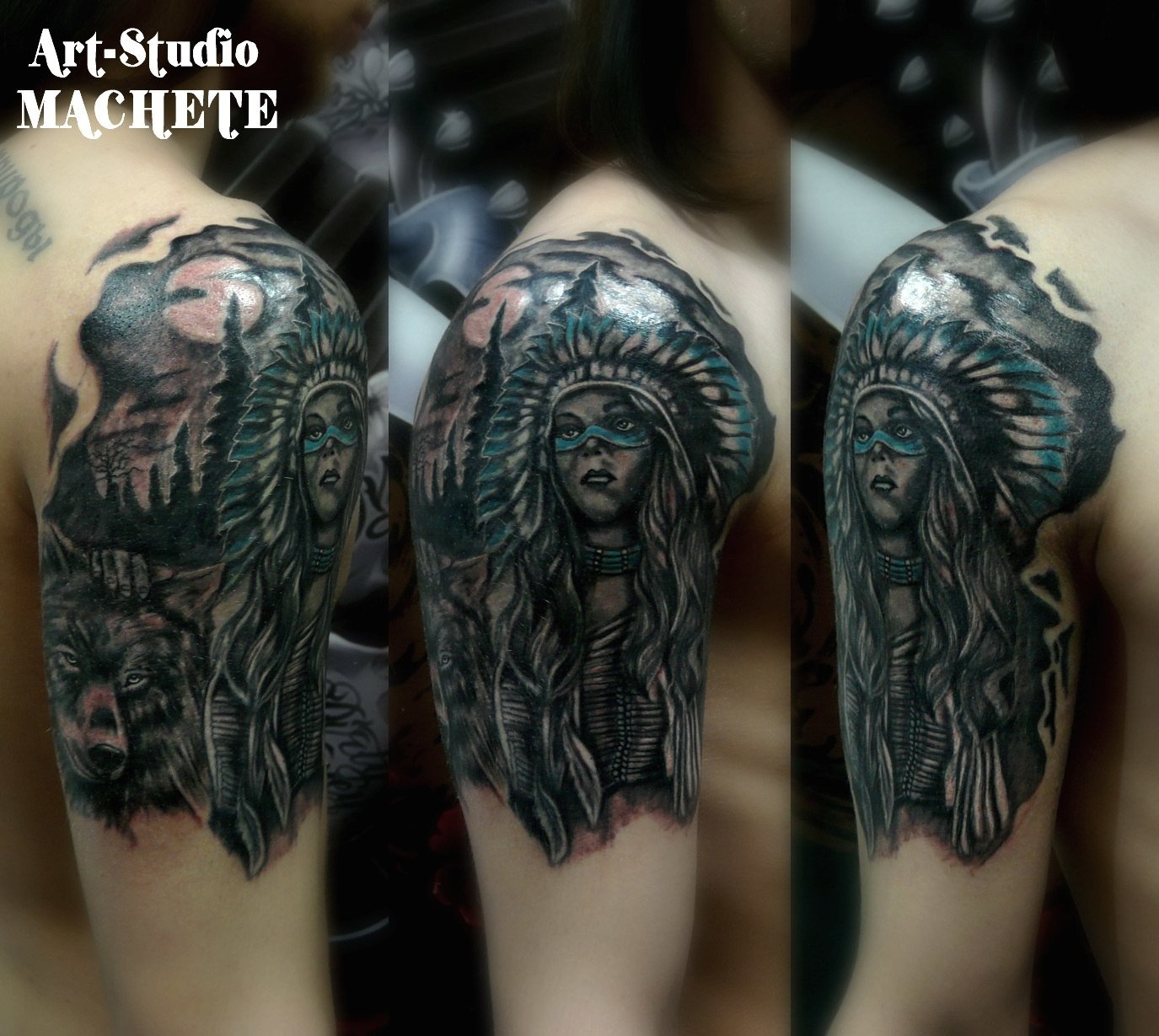 Фотография татуировки под названием «Девушка с волком»