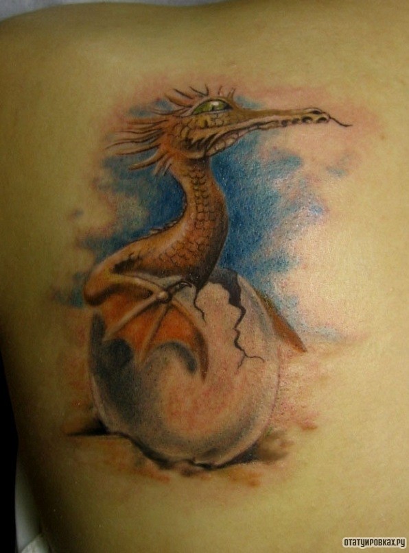 Фотография татуировки под названием «Дракон на яйце»
