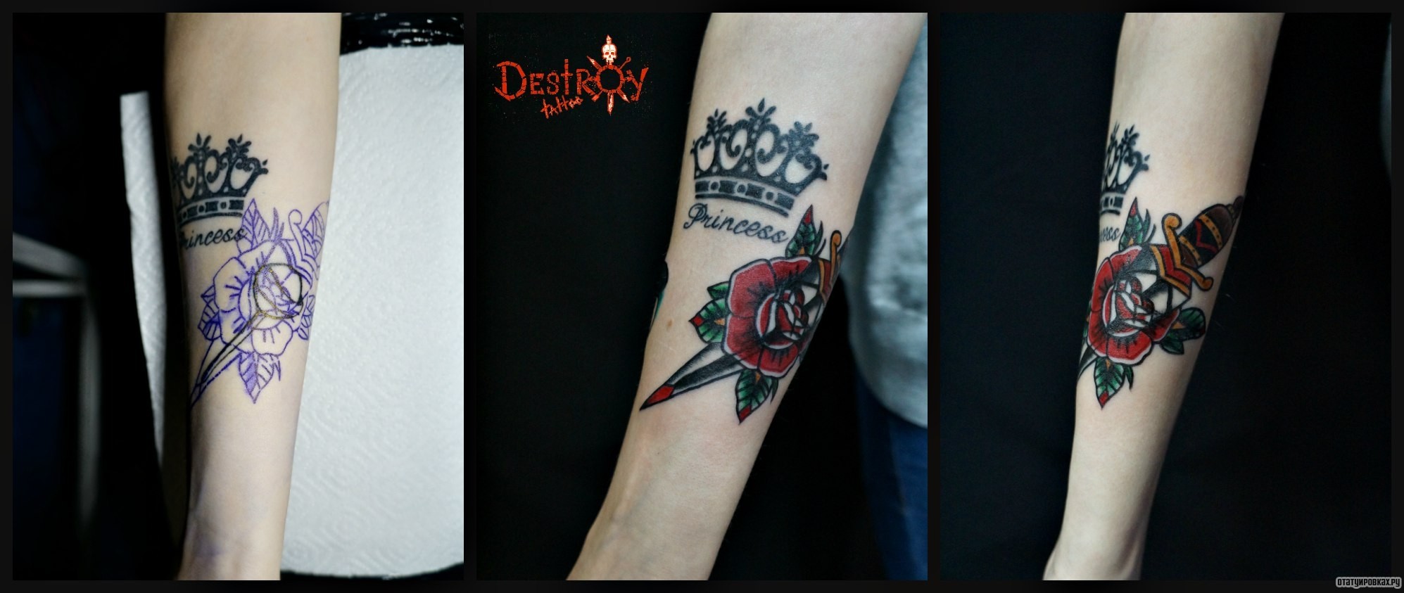 Фотография татуировки под названием «Роза и корона»