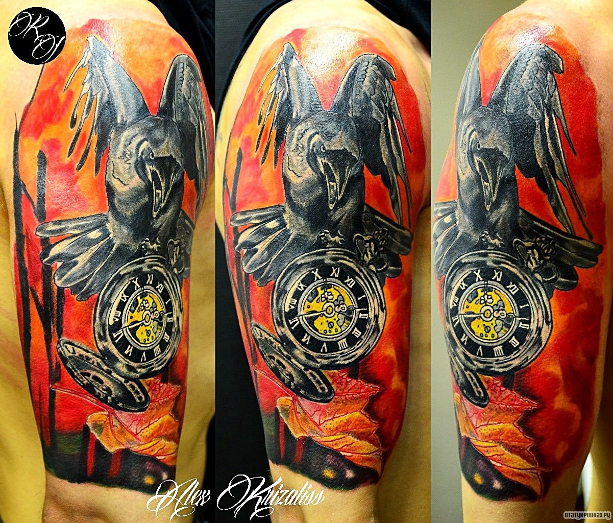 Фотография татуировки под названием «Ворон и часы»