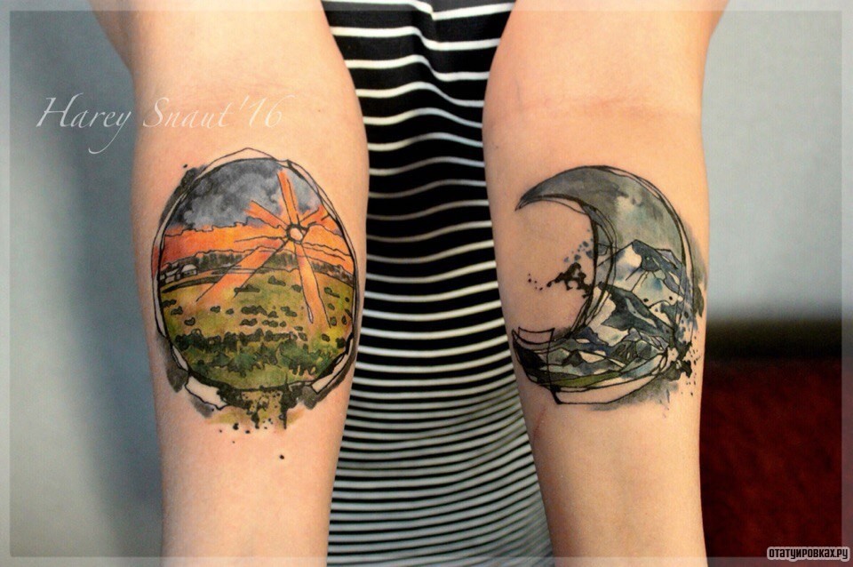 Фотография татуировки под названием «Солнце и луна»