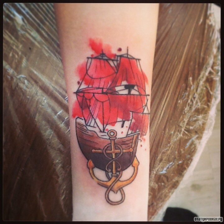 Фотография татуировки под названием «Корабль и якорь»