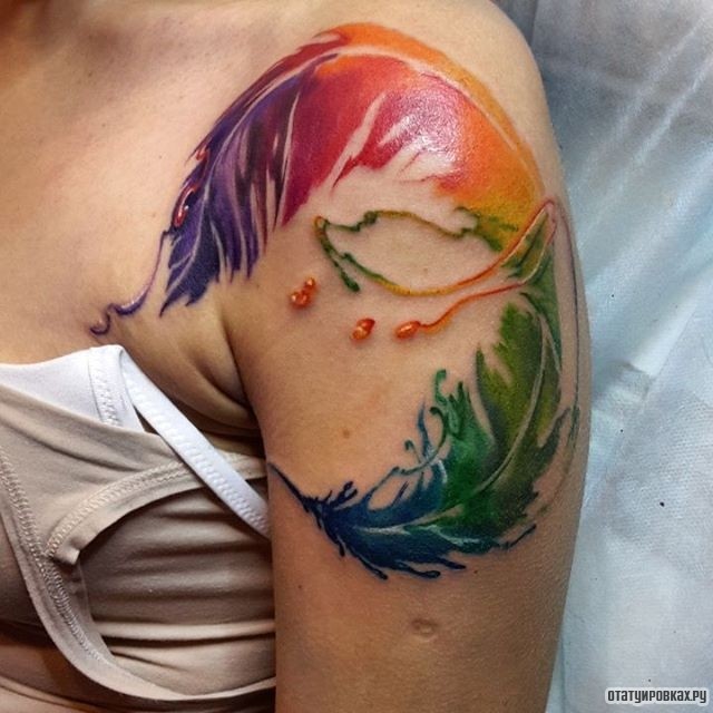 Фотография татуировки под названием «Два разноцветных пера»